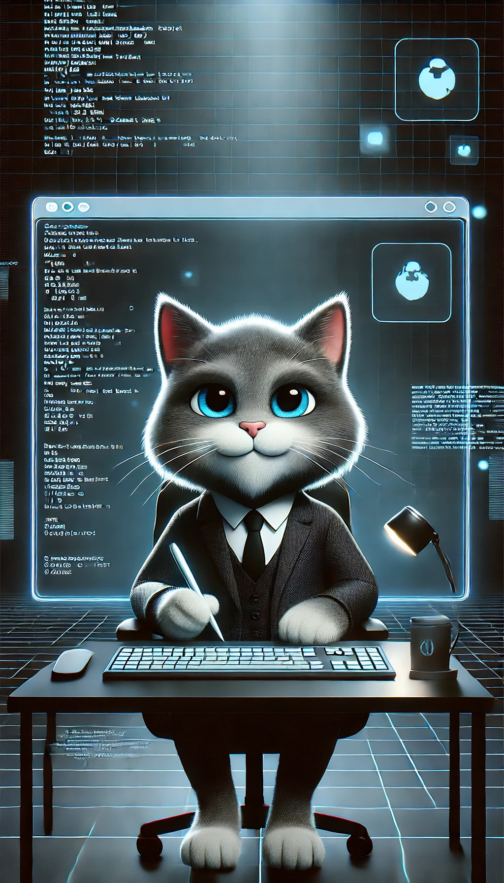 Dijital bir ortamda karşıya bakan ve önünde klavye mouse olan gri tonlarında tüyleri olan Kodcat maskotu kedimiz